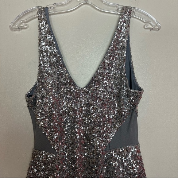 Bebe Silver Sequin Bodycon Sleeveless Mini Dress with Mesh Cutouts - Picture 6 of 14
